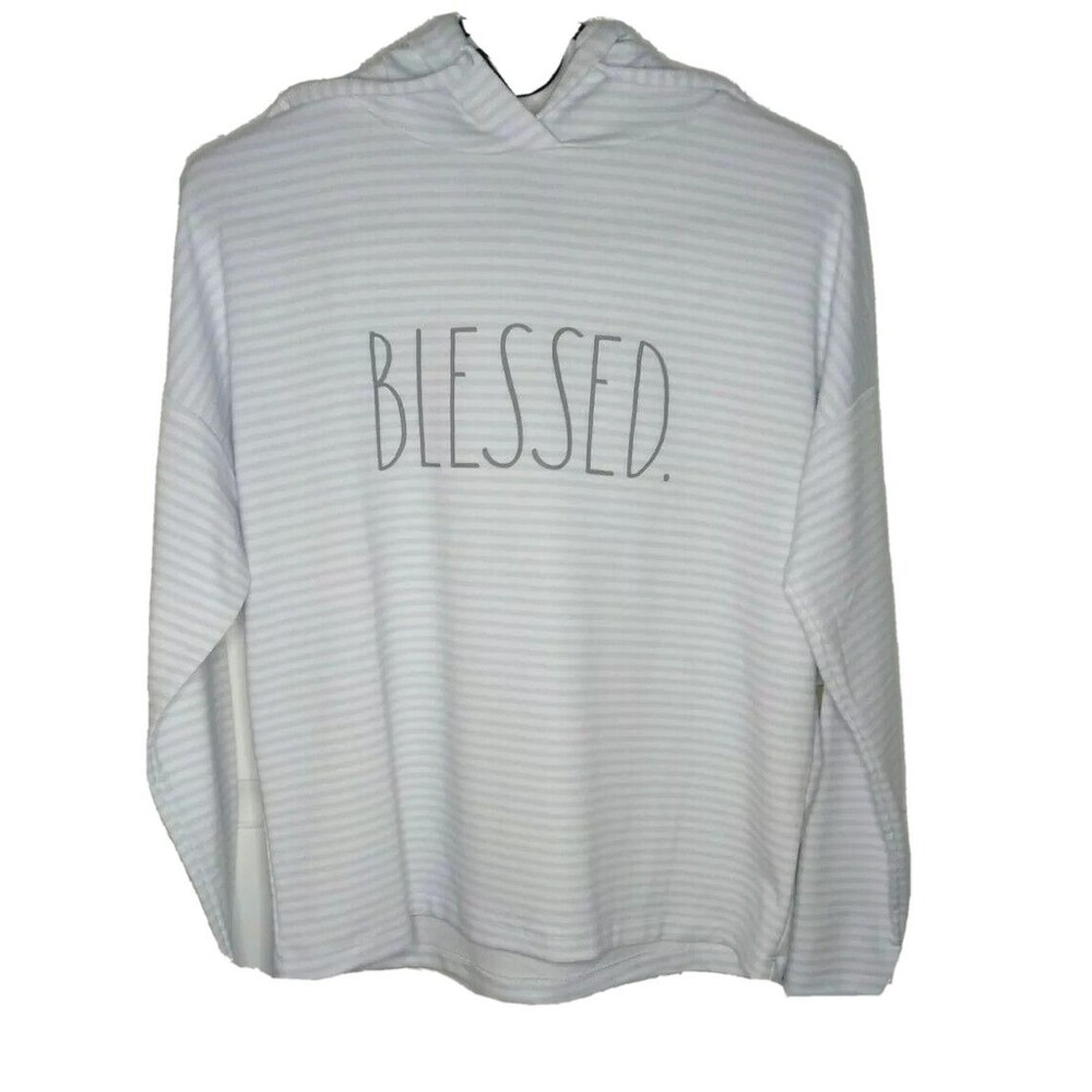 Rae Dunn Womens Blessed XS Hoodie Sweatshirt White Light Blue Stripes Winter New
